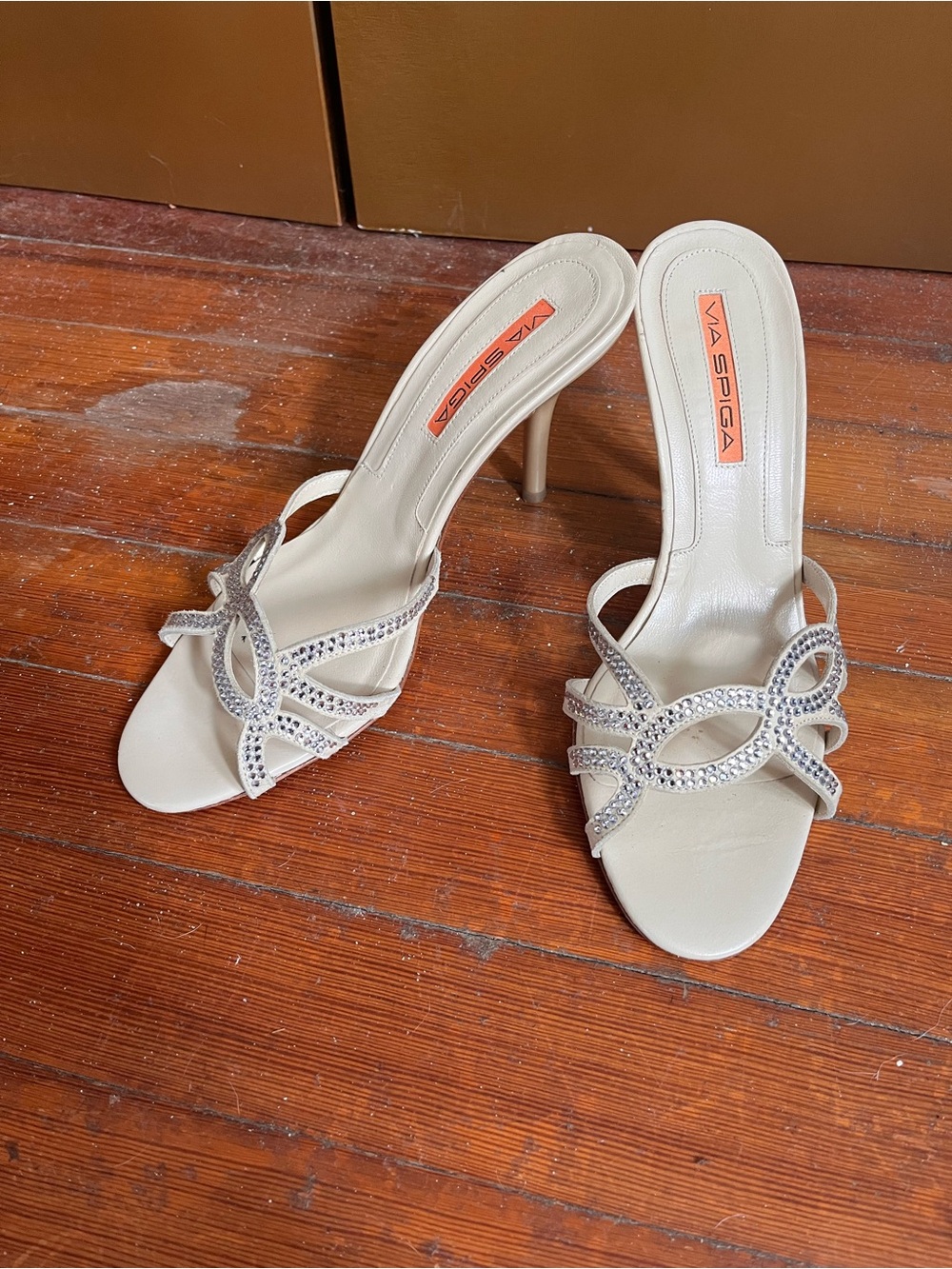 Via Spiga Ivory Rhinestone Mule Heels